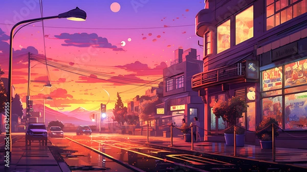 Fototapeta sunset on a city street with shops and stores on the street Lofi anime style