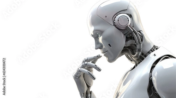 Fototapeta Thinking humanoid side view with white space, 3D render, isolated background.