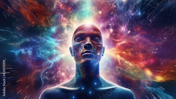 Fototapeta Abstract profile of a human head and consciousness with physical and chemical structures in the head, Person creative mind, Psychic waves concept, Generative AI illustration