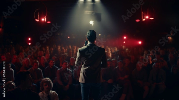 Fototapeta male stand-up comedian performing at a theatre in front of a crowd with spotlights