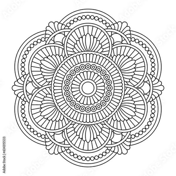 Fototapeta Isolated black mandala in vector. Round flower line pattern. Vintage monochrome element for coloring pages and design