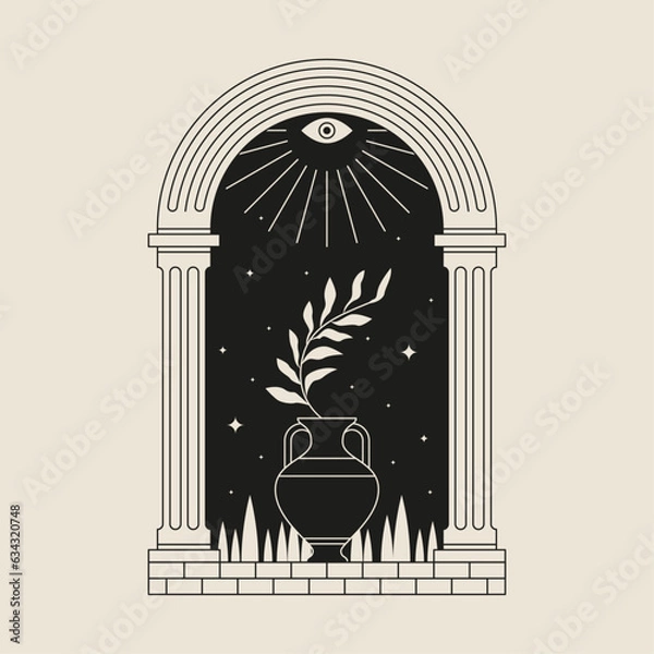 Fototapeta Boho frame arch vector illustration modern minimalistic retro aesthetic linear arc portal logo bohemian design element mystical geometric abstract border