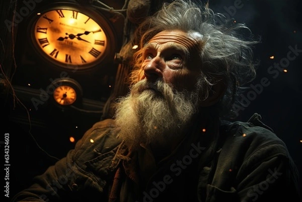 Obraz Alone old man. Headshot portrait in evening darkness with clocks. Time concept