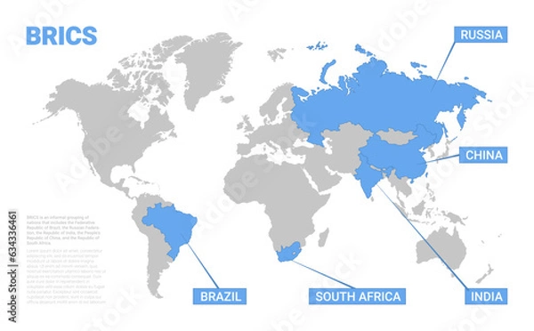 Fototapeta BRICS interstate schematic map of countries association members. Union of 5 states of Brazil, Russia, India, China, South Africa world map vector illustration