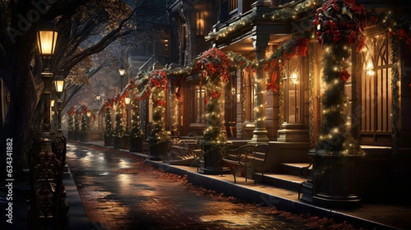 Fototapeta Festive Street Lights: A row of charming street lights adorned with wreaths and bows, illuminating the holiday spirit 