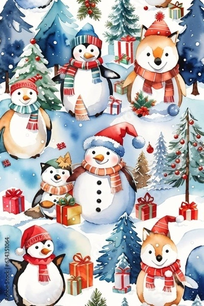 Fototapeta snowman and christmas tree