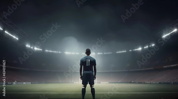 Fototapeta Football player stand behind ball looking for goal with showing number from back view in the stadium with spotlight.illustration vector.