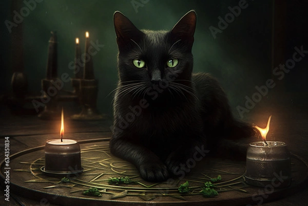 Obraz Black cat with green eyes and candles on a dark background. Halloween concept.