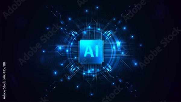 Obraz Artificial Intelligence computer database blue poster concept. Modern CPU illustration. Tech Futuristic Template. Central Computer Processors CPU concept. Digital chip. Database concept
