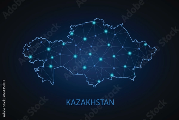 Fototapeta Map of Kazakhstan. Wire frame 3D mesh polygonal network line, design sphere, dot and structure. communications map of Kazakhstan. Vector Illustration EPS10.