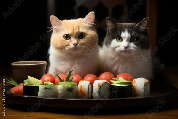 Obraz Portrait of a couple of cats sitting at the table eating sushi.