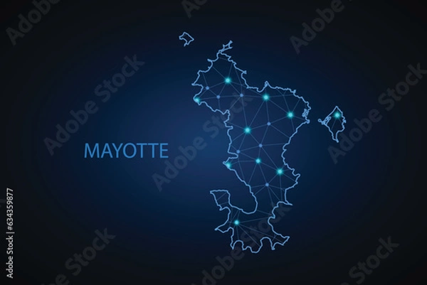 Fototapeta Map of Mayotte. Wire frame 3D mesh polygonal network line, design sphere, dot and structure. communications map of Mayotte. Vector Illustration EPS10.
