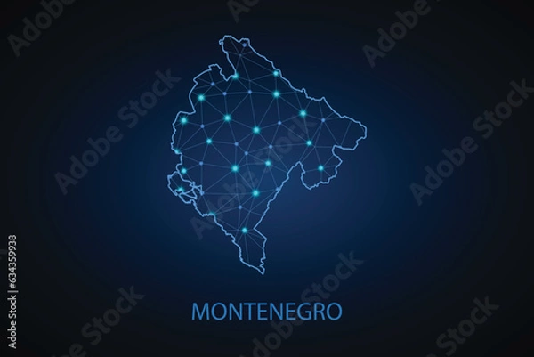 Fototapeta Map of Montenegro. Wire frame 3D mesh polygonal network line, design sphere, dot and structure. communications map of Montenegro. Vector Illustration EPS10.