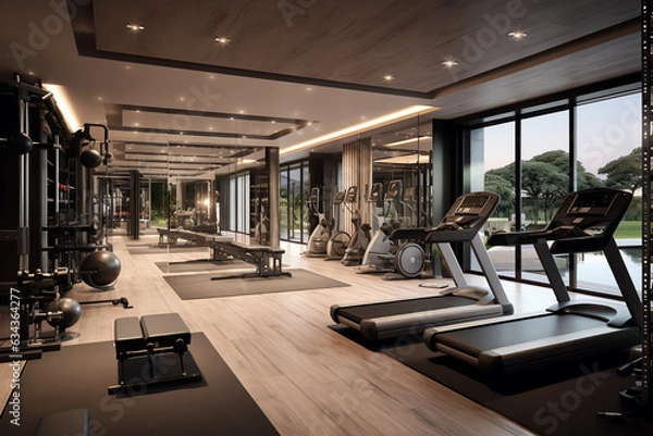 Fototapeta A fully equipped gym with treadmills and exercise equipment