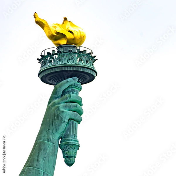 Fototapeta New York, New York, United States. August 07, 2023. Dramatic and detailed image of the Statue of Liberty with strong shades of green, sky with many clouds and very high resolution.