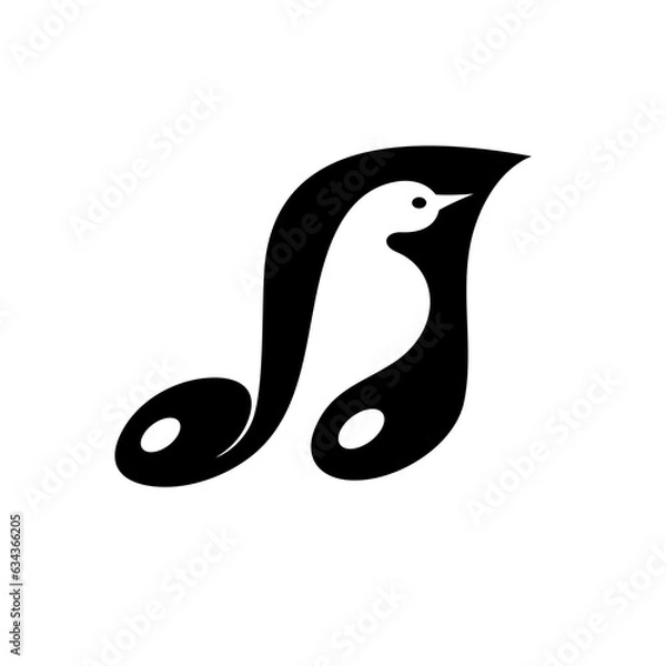 Obraz Note vector icon. Sheet music symbol. Song melody sign. Application and web interface button. Silhouette image with bird.