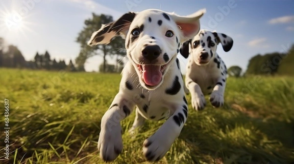Obraz Nice funny Dalmatian dogs group running and playing on green grass, sunny day