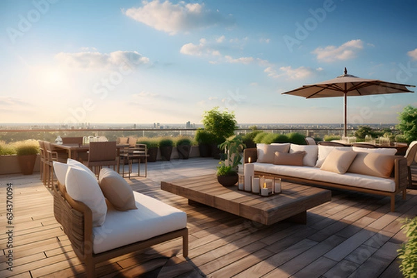 Fototapeta Rooftop terrace with outdoor seating panoramic views and stylish design.
