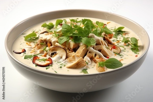 Fototapeta Tom Kha Gai: Delight in the creamy and spicy coconut soup with tender chicken and fragrant galangal.Generated with AI