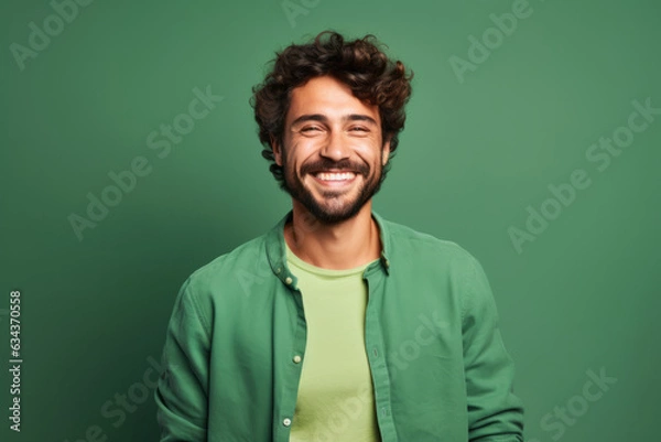 Obraz Smiling Caucasian Man with a Charming Portrayal on a Green Studio Background