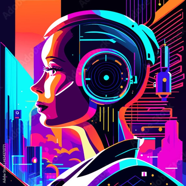 Obraz Vector illustration of the head of a women with headphones in the city.