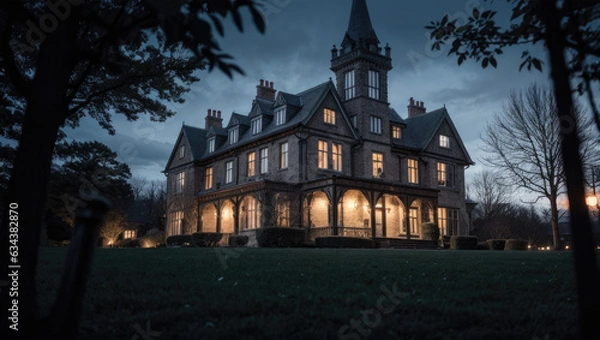 Fototapeta old mansion in autumn season at night - generative AI