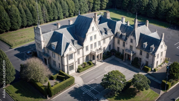 Fototapeta drone view of a mansion on summer season - Generative AI