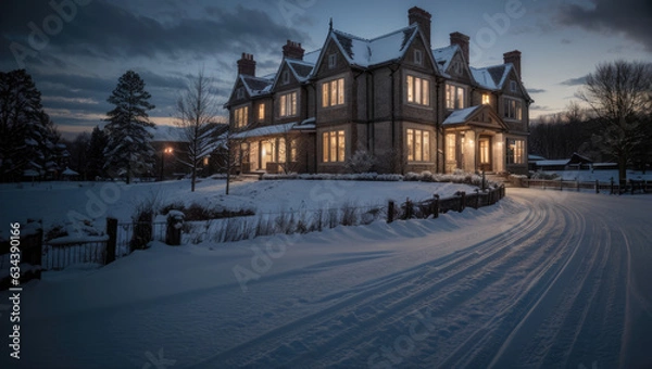 Fototapeta road to a mansion on winter season - Generative AI
