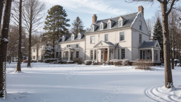 Fototapeta mansion on winter season in the morning- Generative AI