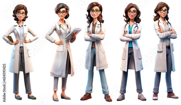 Obraz 3D render family doctor woman character. Happy and smiling cartoon style Isolated on transparent background