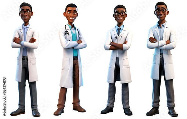 Obraz 3D render family doctor dark skin character. Happy and dancing cartoon style Isolated on transparent background