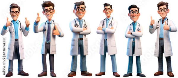 Obraz 3D render family doctor character. Happy and dancing cartoon style Isolated on transparent background