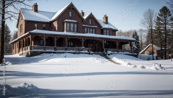 Fototapeta mansion on winter season in the morning- Generative AI