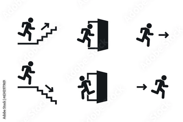 Fototapeta Emergency exit with direction arrow vector icon set. Running man to the stairs and fire exit door. Running way direction sign.