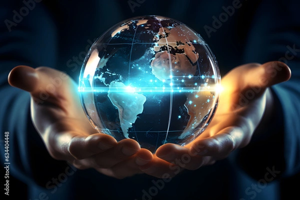 Fototapeta A finger touching virtual hologram of planet earth globe. Concept of the digital world ai generated