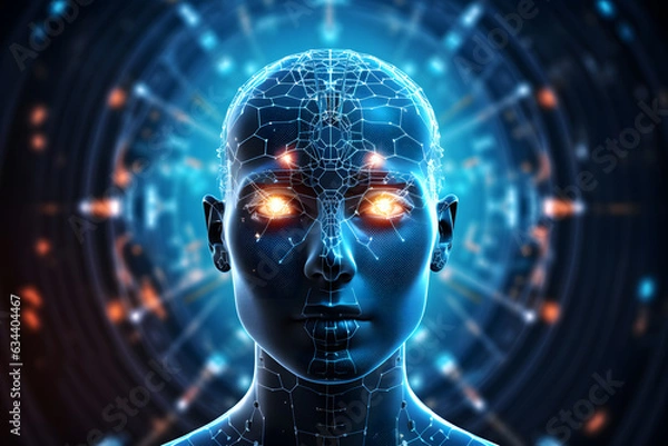 Fototapeta Artificial intelligence humanoid head with neural network Face of cyber mind ai generated