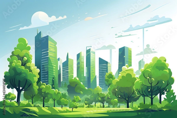 Fototapeta Eco green city. Urban ecology concept background with skyscraper cityscape ai generated