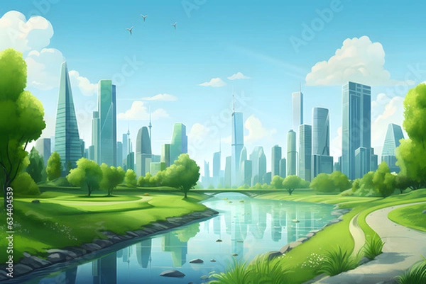 Fototapeta Eco green city. Urban ecology concept background with skyscraper cityscape ai generated