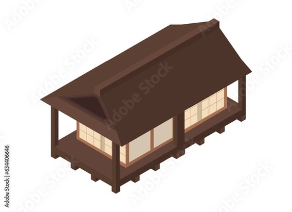 Fototapeta old wooden long house in japanese style. Vector isometric illustration isolated on white background.