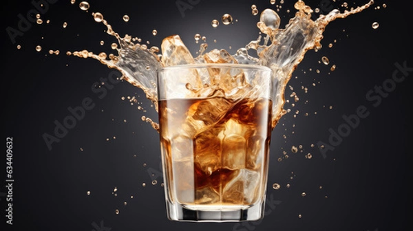 Fototapeta Ice coffee is poured into a clear tall glass with a splash on a black background. Created with Generative AI technology.