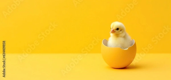 Fototapeta small yellow chicken in a shell on a yellow background. postcard with copy space, easter concept. 