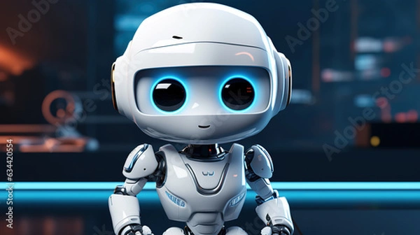 Fototapeta A white AI robot assistant mascot working in front of blank computer screen. White office in the background. Computer screen mockup with blank empty space.