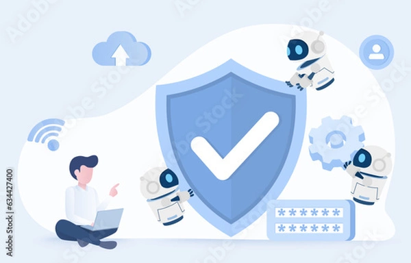 Obraz Protection and artificial intelligence (AI) technology concept. Man control AI robot holding big shield, protect, safety, security, password and other sensitive items from cyber attack. 
