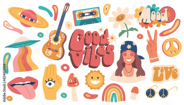 Fototapeta Hippie Icons Set. Collection Of Vibrant And Iconic Symbols Representing The Hippie Movement, Cartoon Vector Illustration