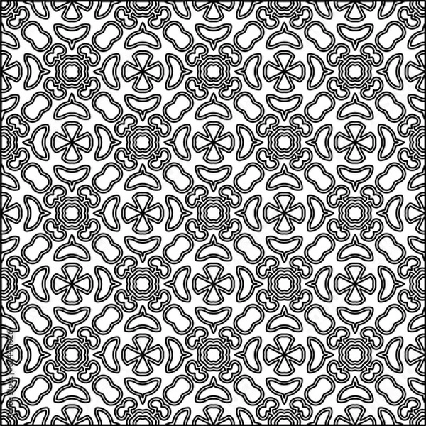 Fototapeta Abstract background with figures from lines. black and white pattern for web page, textures, card, poster, fabric, textile. Monochrome graphic repeating design.
