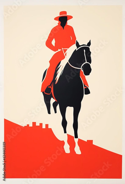 Fototapeta Woman on horseback jumping over a cliff, minimalist screen-print illustration made with Generative AI 