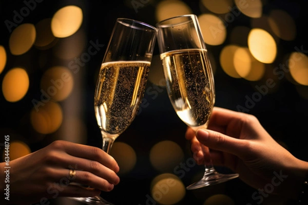 Obraz Two hands with glasses of champagne wine clink against blurred golden lights. Festive background and celebration concept
