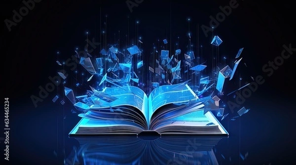 Fototapeta Open book, magic light, dark background. AI generation