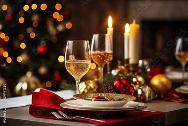 Obraz festive christmas dinner setting. Seasonal holiday dining background | Generative AI