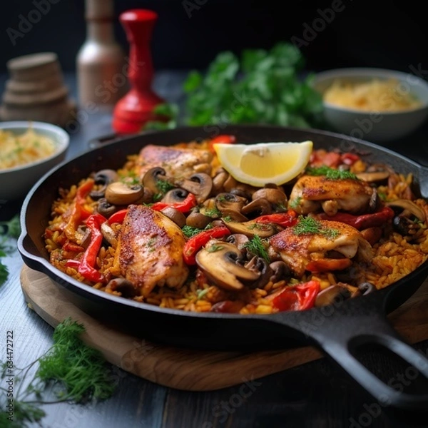 Fototapeta Chicken Paella with mushrooms, red pepper, spices | Generative AI